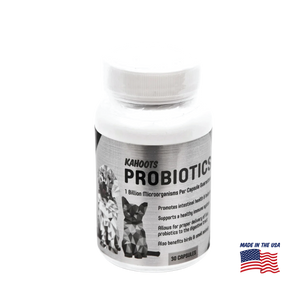 Bottle of Kahoots Probiotics with images of dogs and cats on a white background