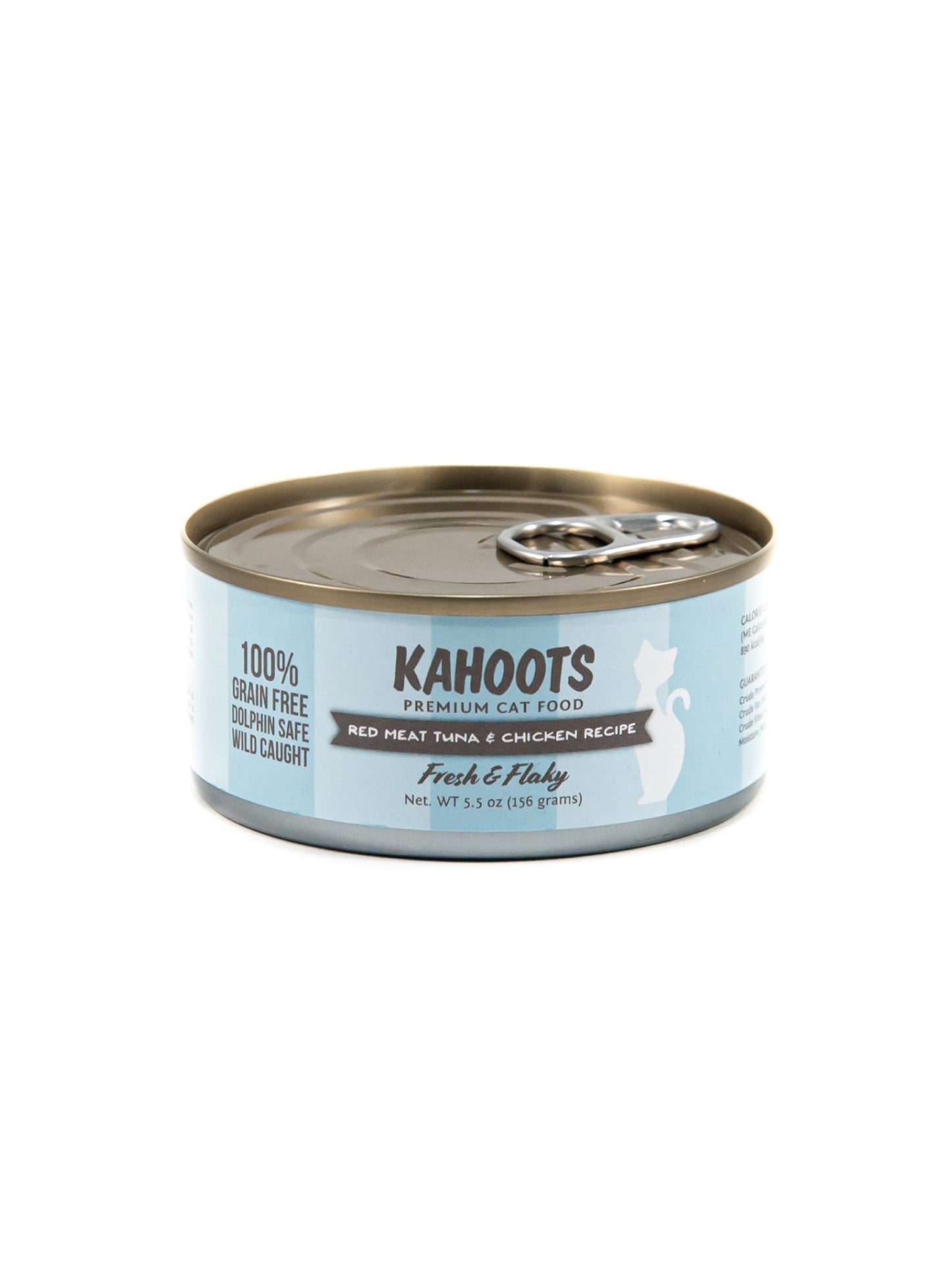 Kahoots red meat tuna and chicken recipe can, image of white cat over blue stripes