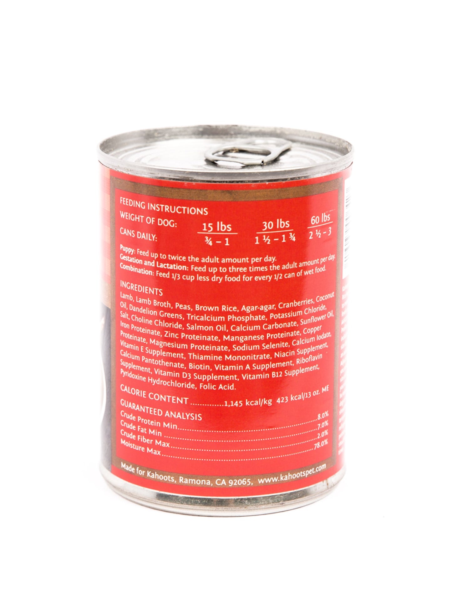 lamb and rice wet dog food can, back label
