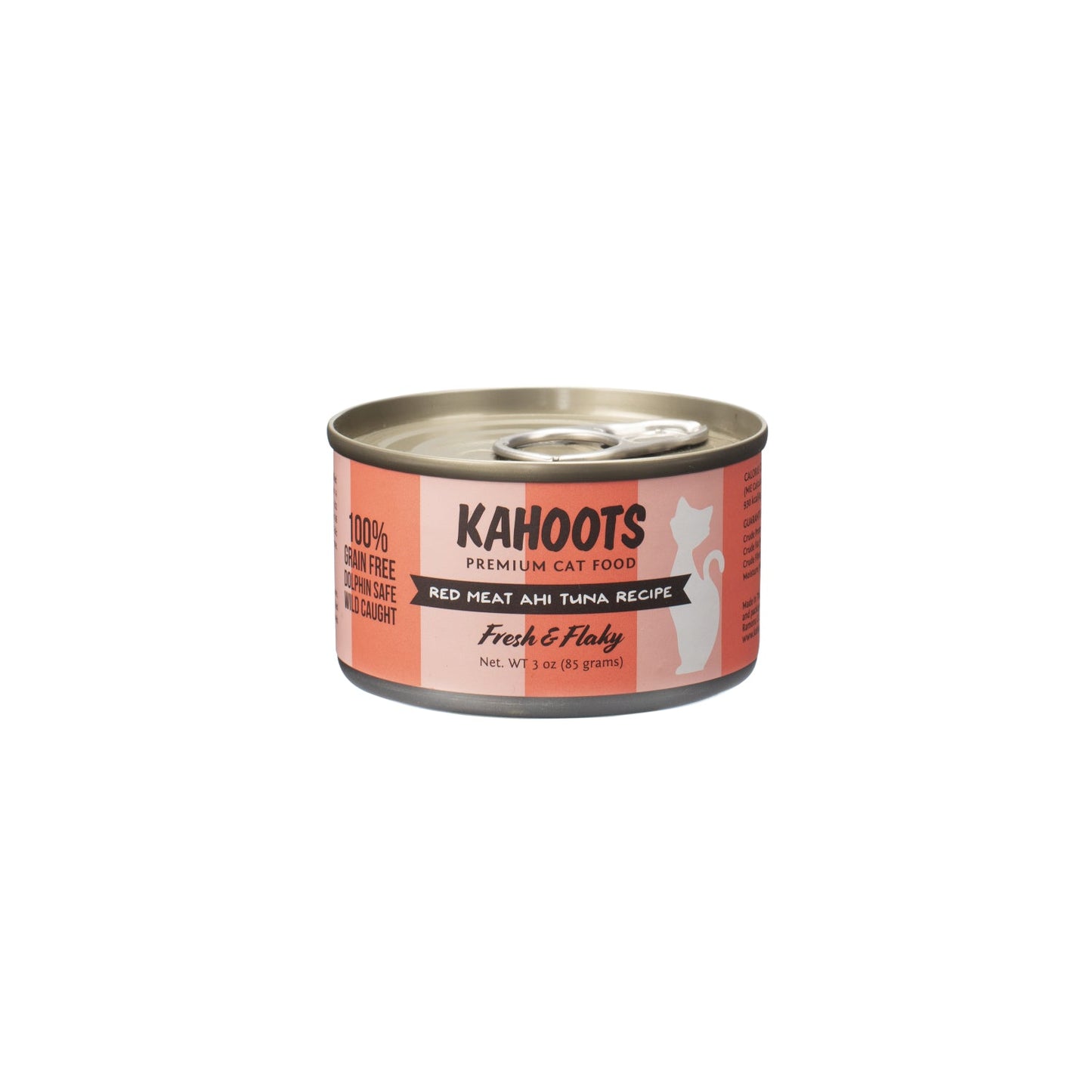 Red meat ahi tuna wet cat food can. White cat over a cream stripe background