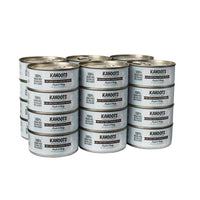 Kahoots red meat tuna and chicken recipe can, image of white cat over blue stripes