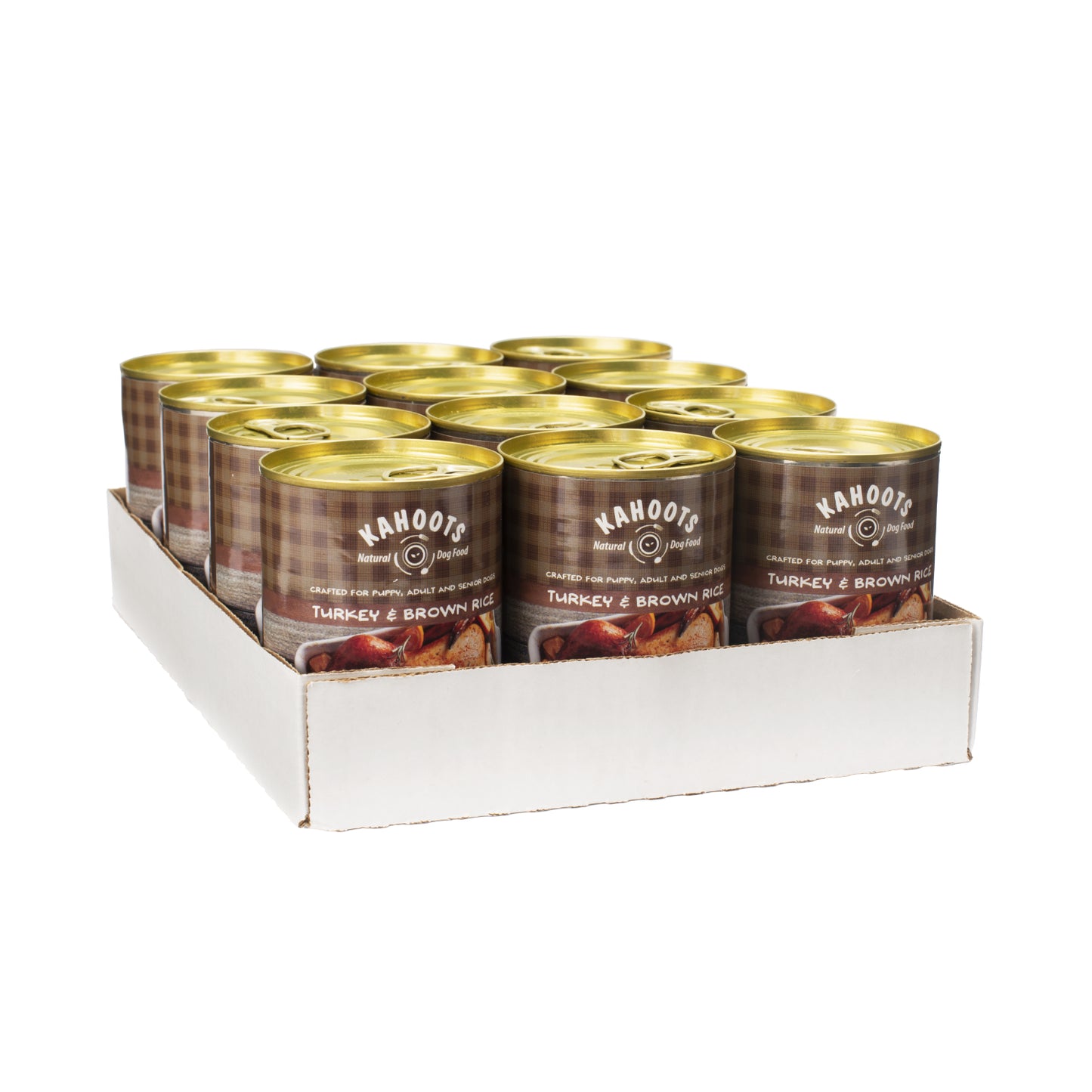 case quantity of Turkey and brown rice wet dog food can. Picture of roasted turkey dinner over brown checked background on label