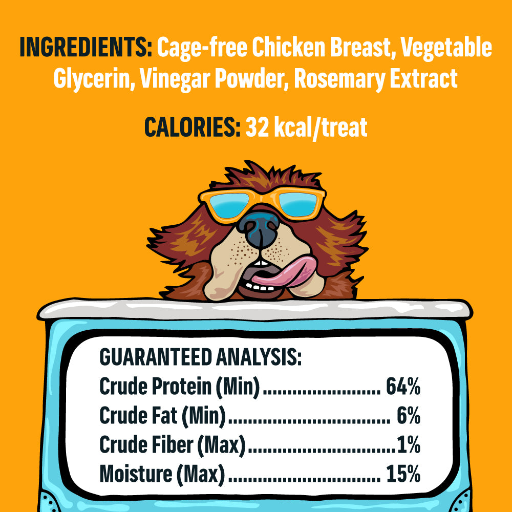 Chicken jerky back of bag. List of ingredients: and guaranteed analysis