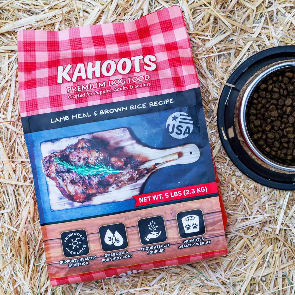 Lamb and rice dog food over hay background
