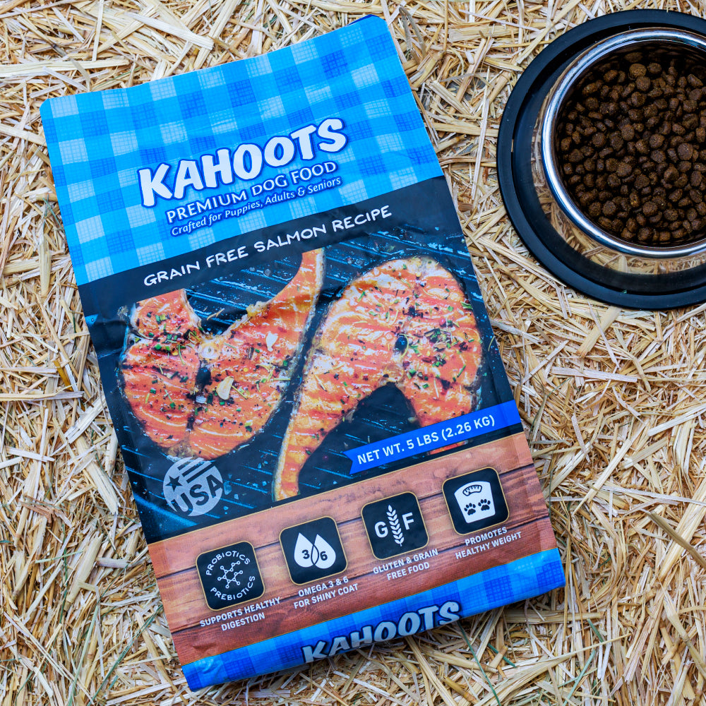 salmon and sweet potato dog food over hay background