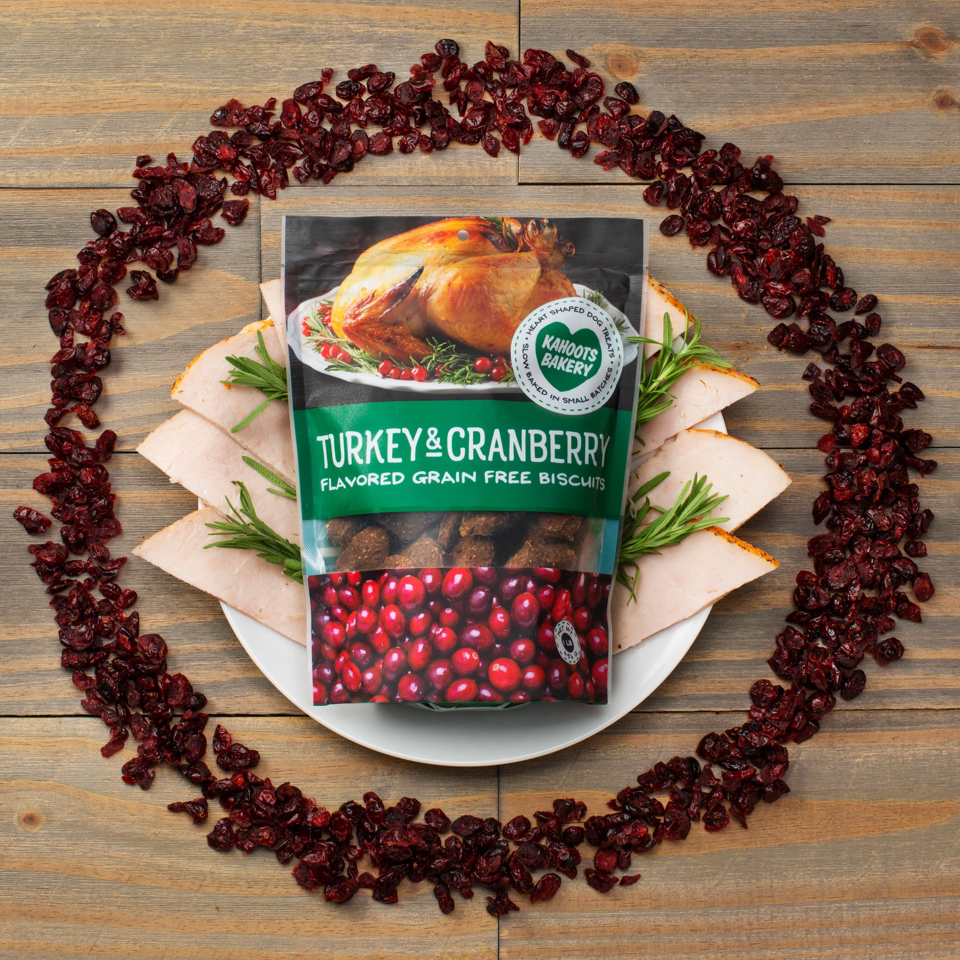Turkey and cranberry biscuit packaging near ingredients