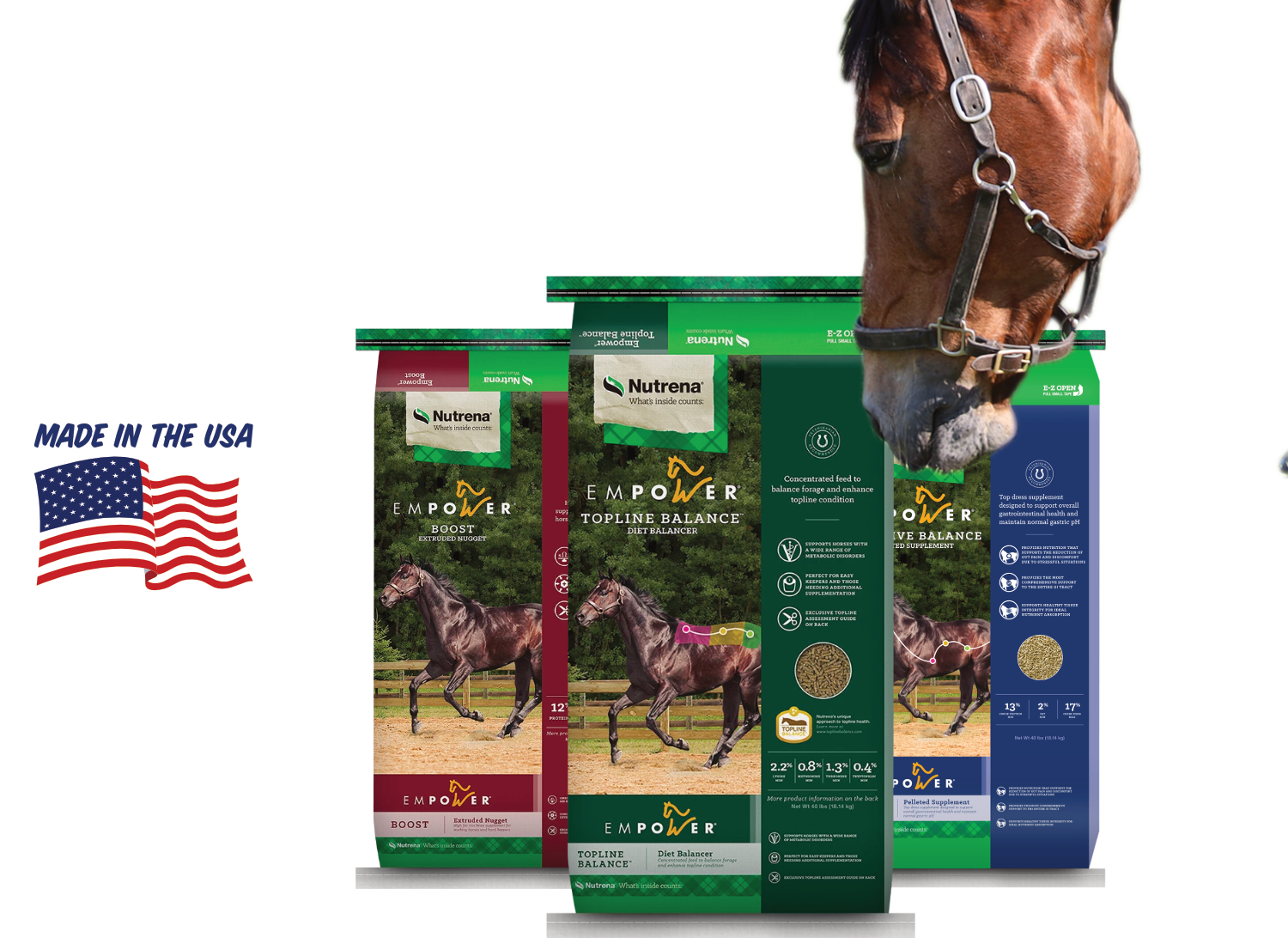 nutrena horse feed lineup with horse reaching down to smell the bags