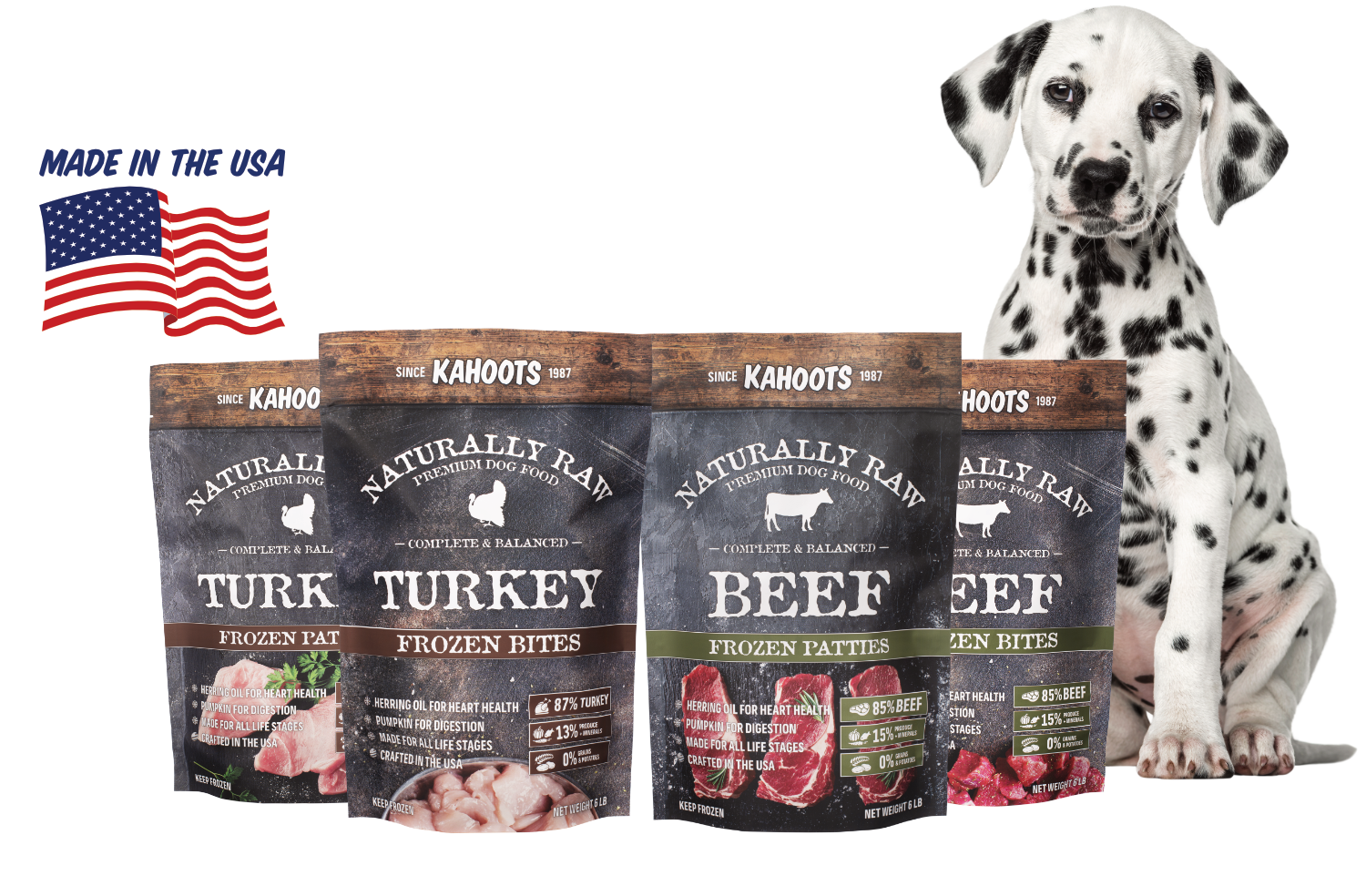 Kahoots frozen raw food lineup with puppy sitting behind