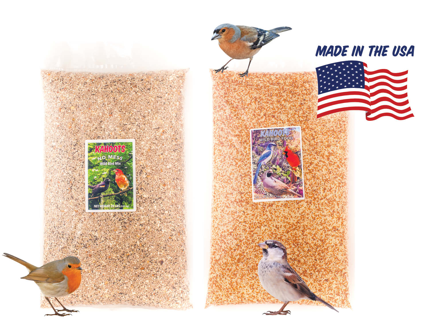 Birds perched on bags of Kahoots wild bird seed