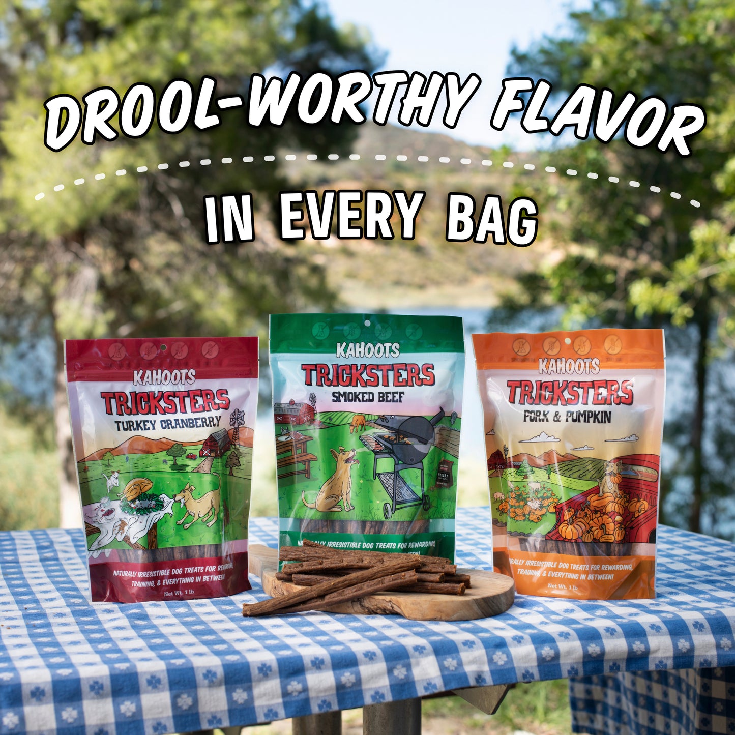 all three tricksters flavors packaging on picnic table