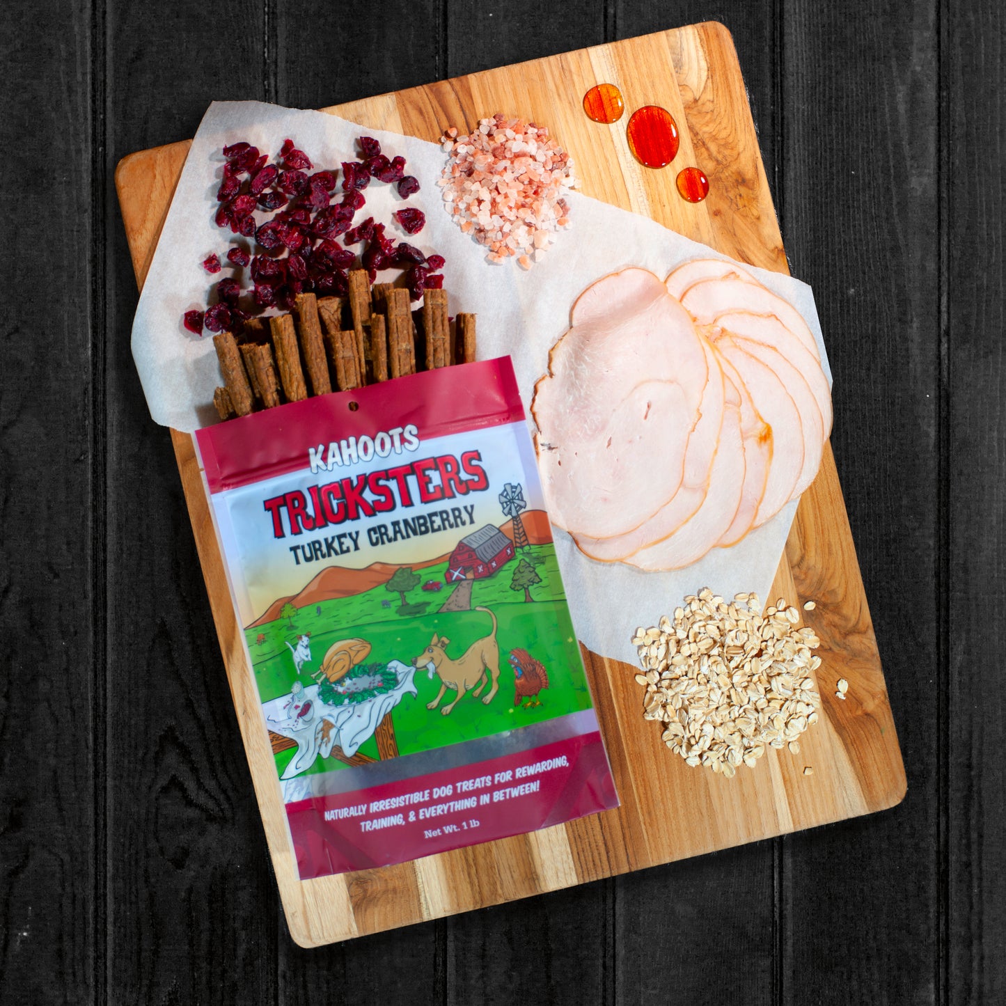 Turkey tricksters in packaging on a cutting board surrounded by ingredients