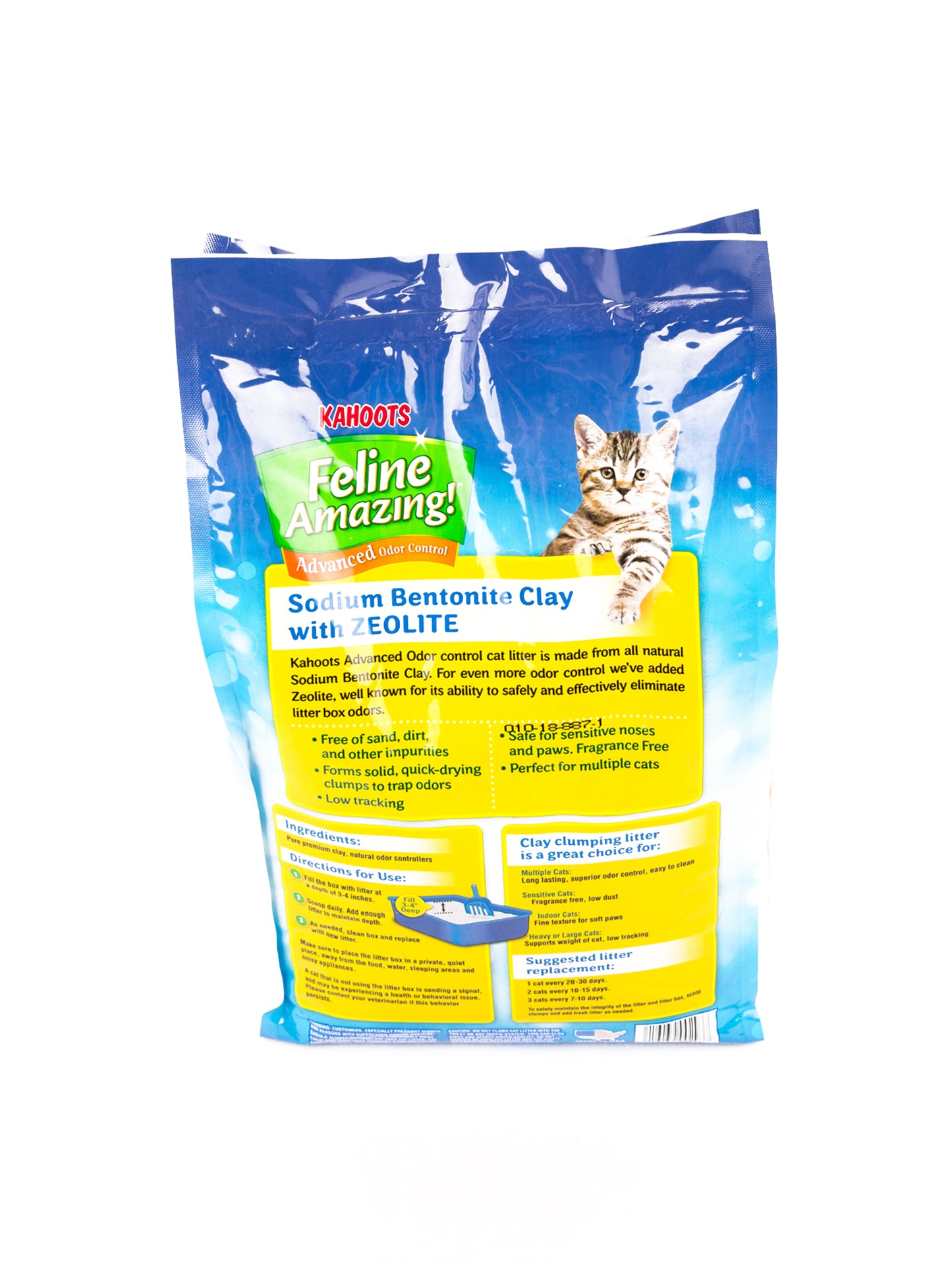 Back label of the Feline Amazing cat litter bag