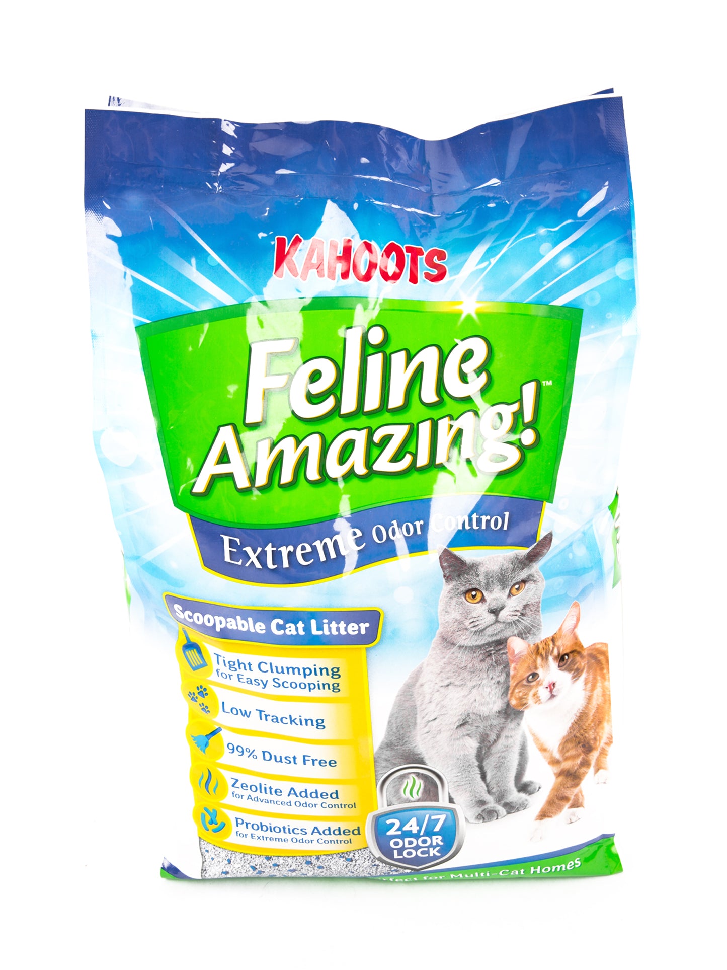 Feline Amazing Extreme cat litter bag. Picture of an adult cat and a kitten on the bag, 25lb
