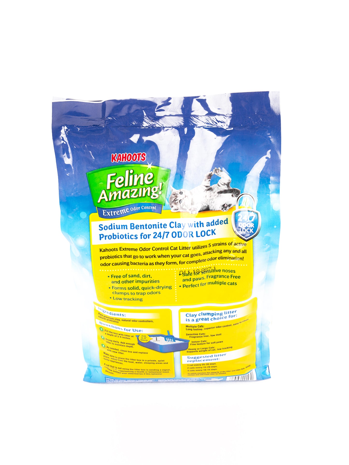 Back label of the Feline Amazing Extreme cat litter bag.