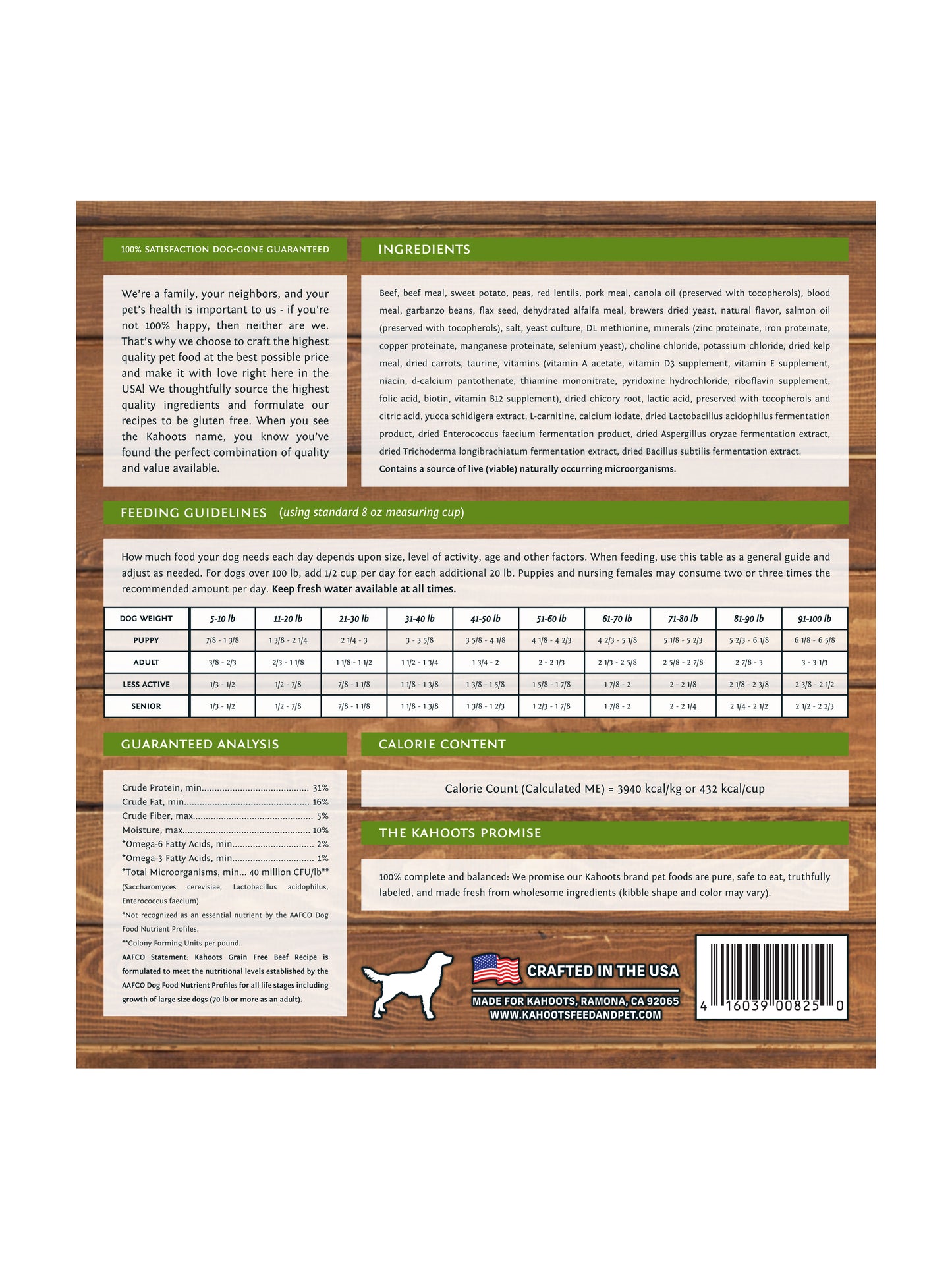 Back label of the grain free beef dog food recipe