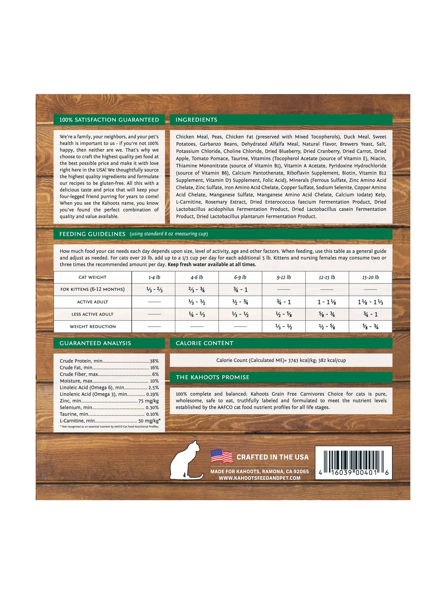 Back label of the carnivores choice cat food recipe