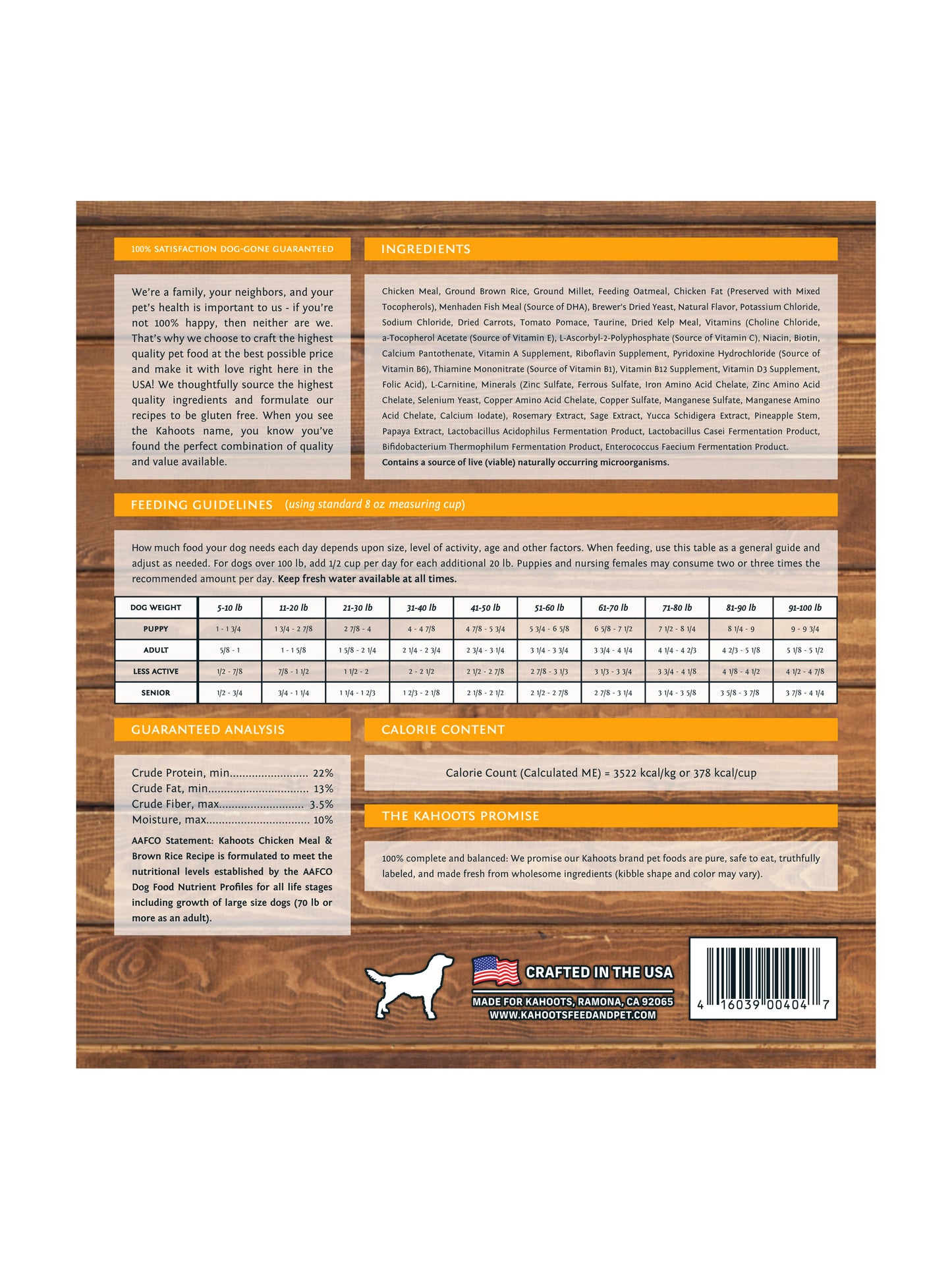 Back label of the chicken and rice dog food recipe
