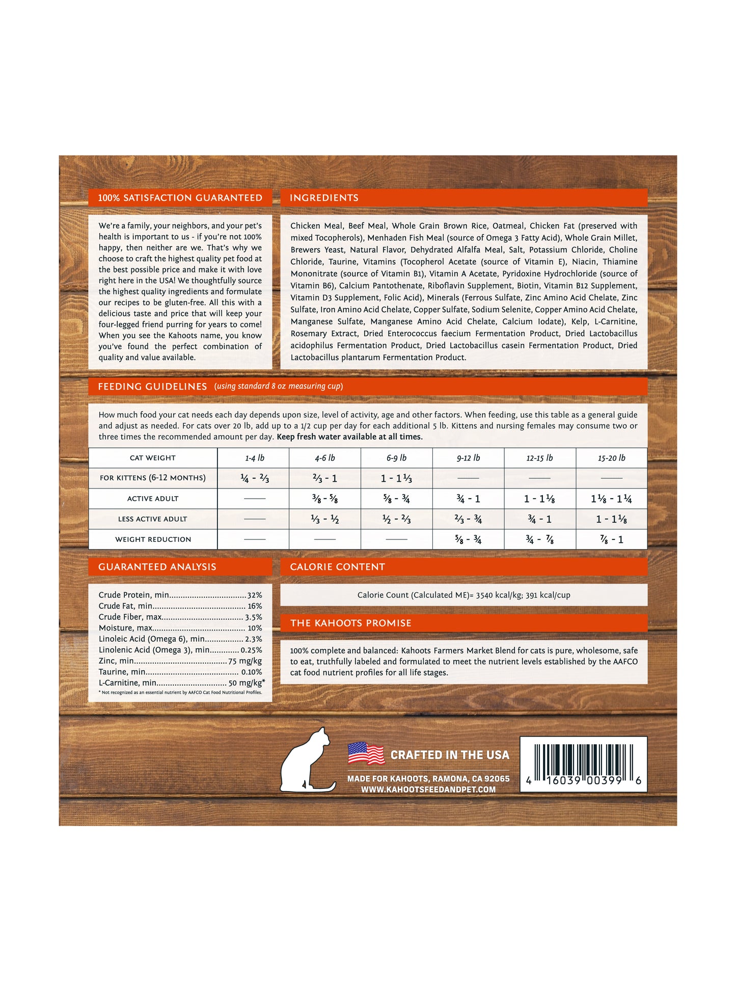 Back label of the farmers market blend cat food recipe