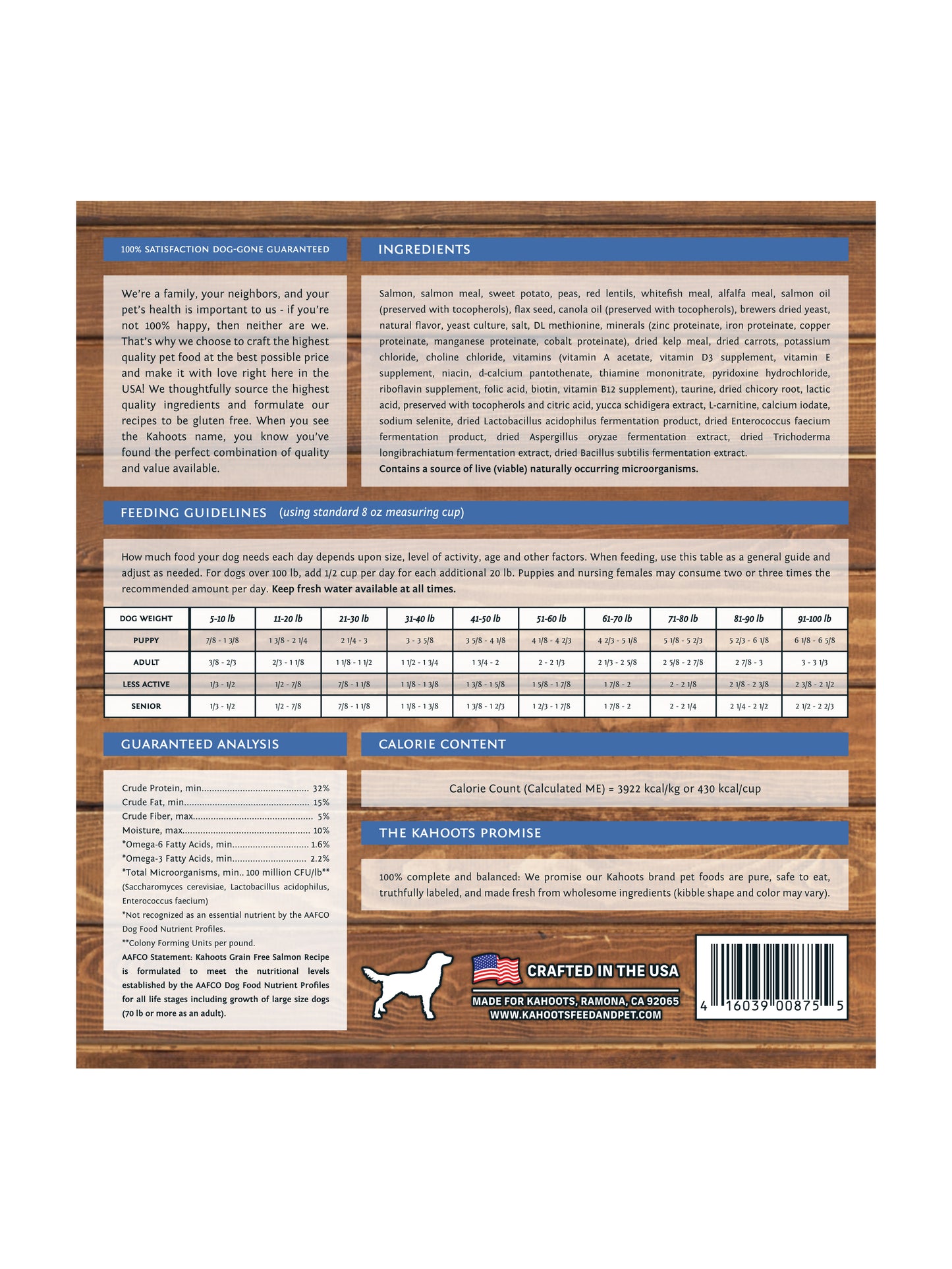 Back label of the grain free salmon dog food recipe