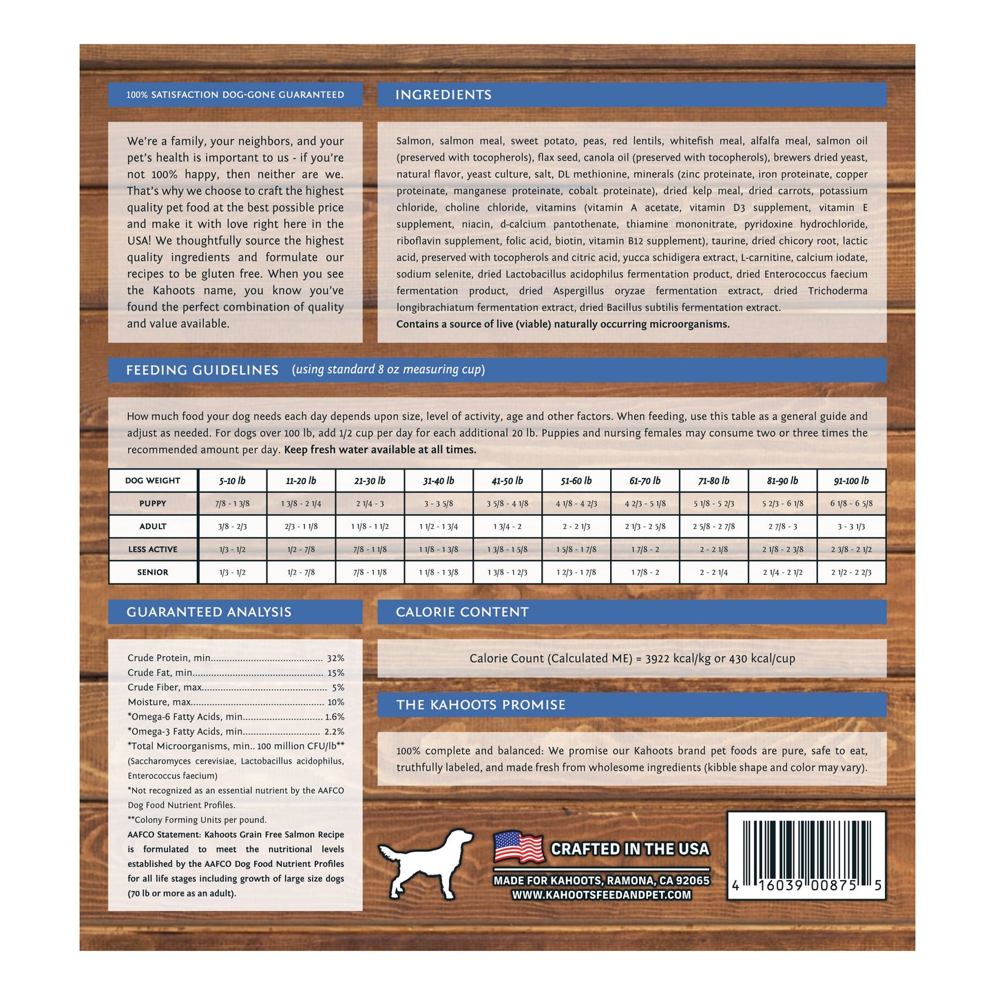 Back label of the grain free salmon dog food recipe