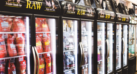 Freezers of frozen raw food in a Kahoots store