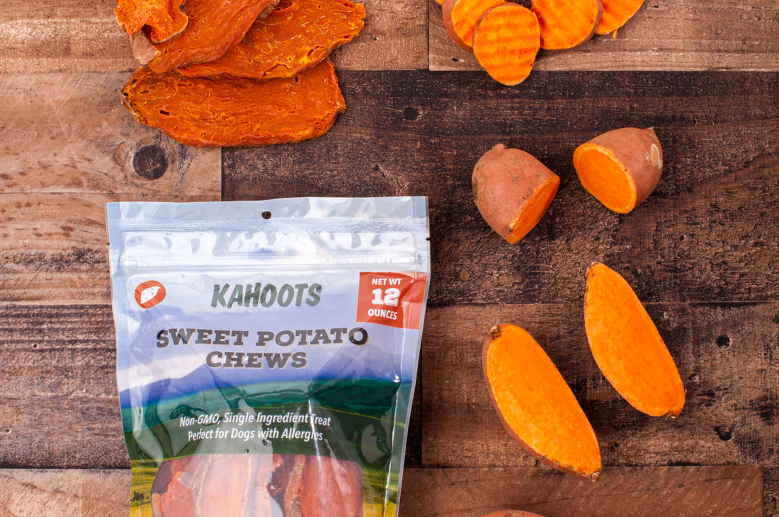 sweet potato pieces arrayed around a bag of kahoots sweet potato chews