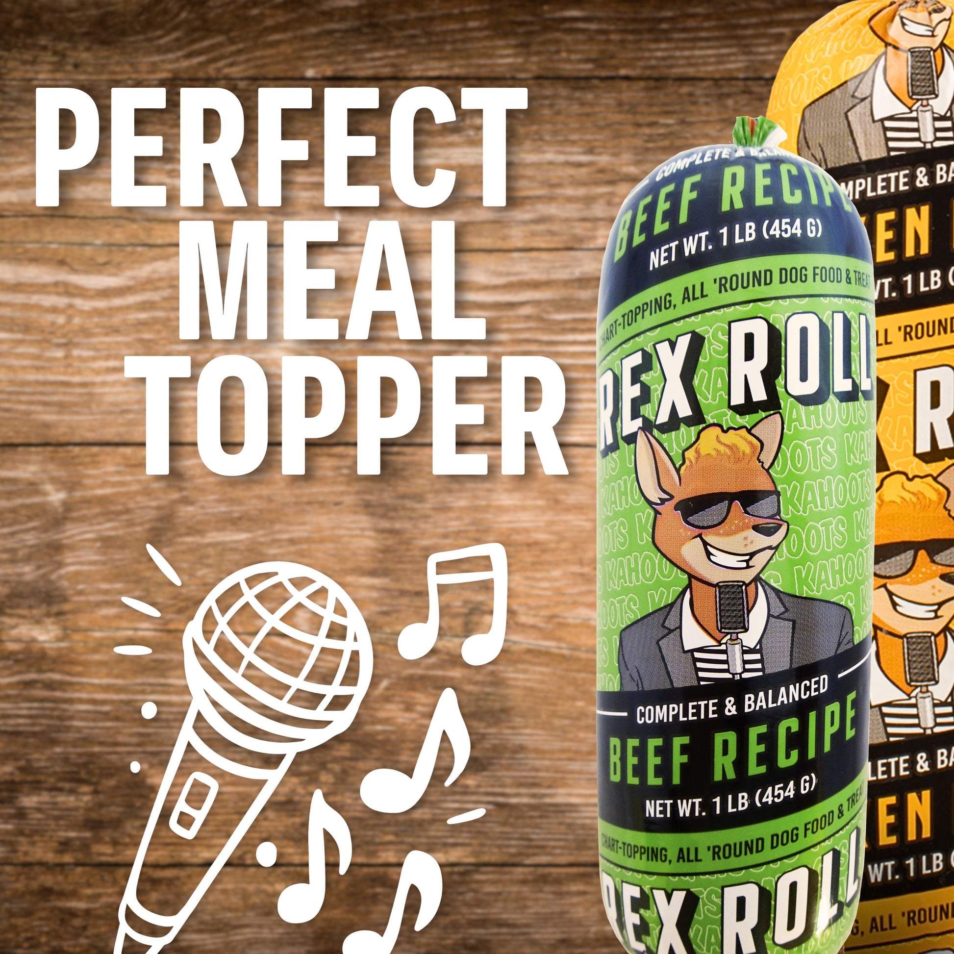 Dog food rex roll product with branding and text on a wooden background