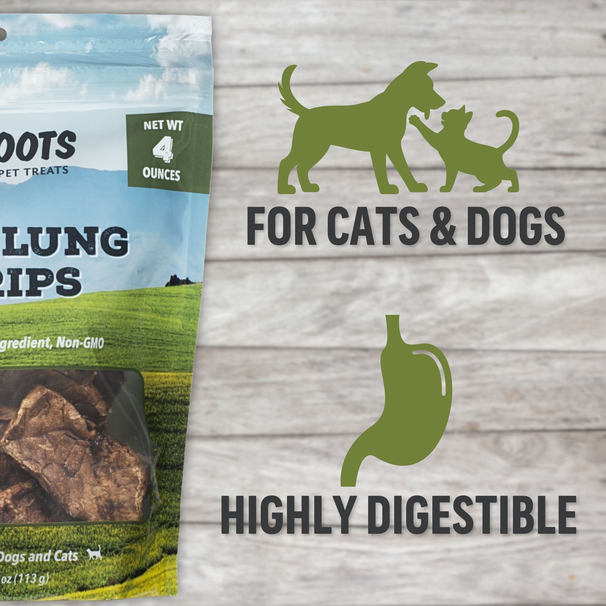 Pet treat package with text 'For Cats & Dogs Highly Digestible' on a wooden background