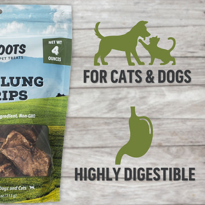 Pet treat package with text 'For Cats & Dogs Highly Digestible' on a wooden background