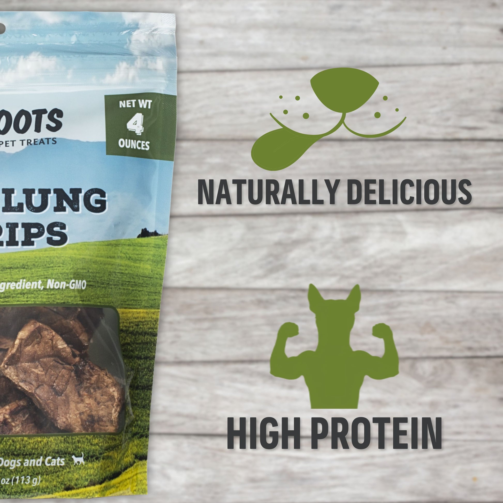 Pet treat package with 'Naturally Delicious' branding on a wooden surface