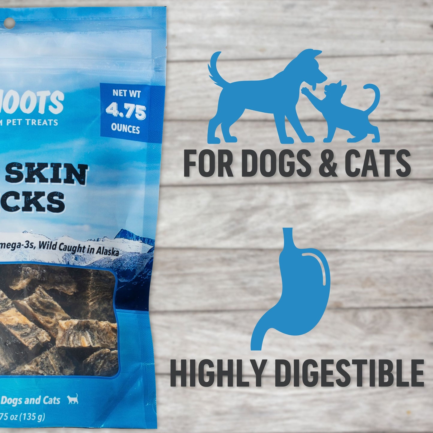 Blue package of dog and cat treats with text and icons on a wooden background