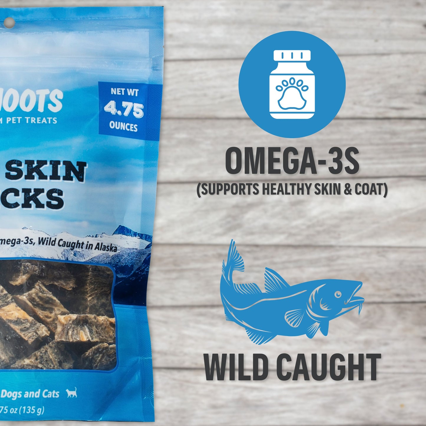 Blue pet treat package with text and icons on a wooden surface
