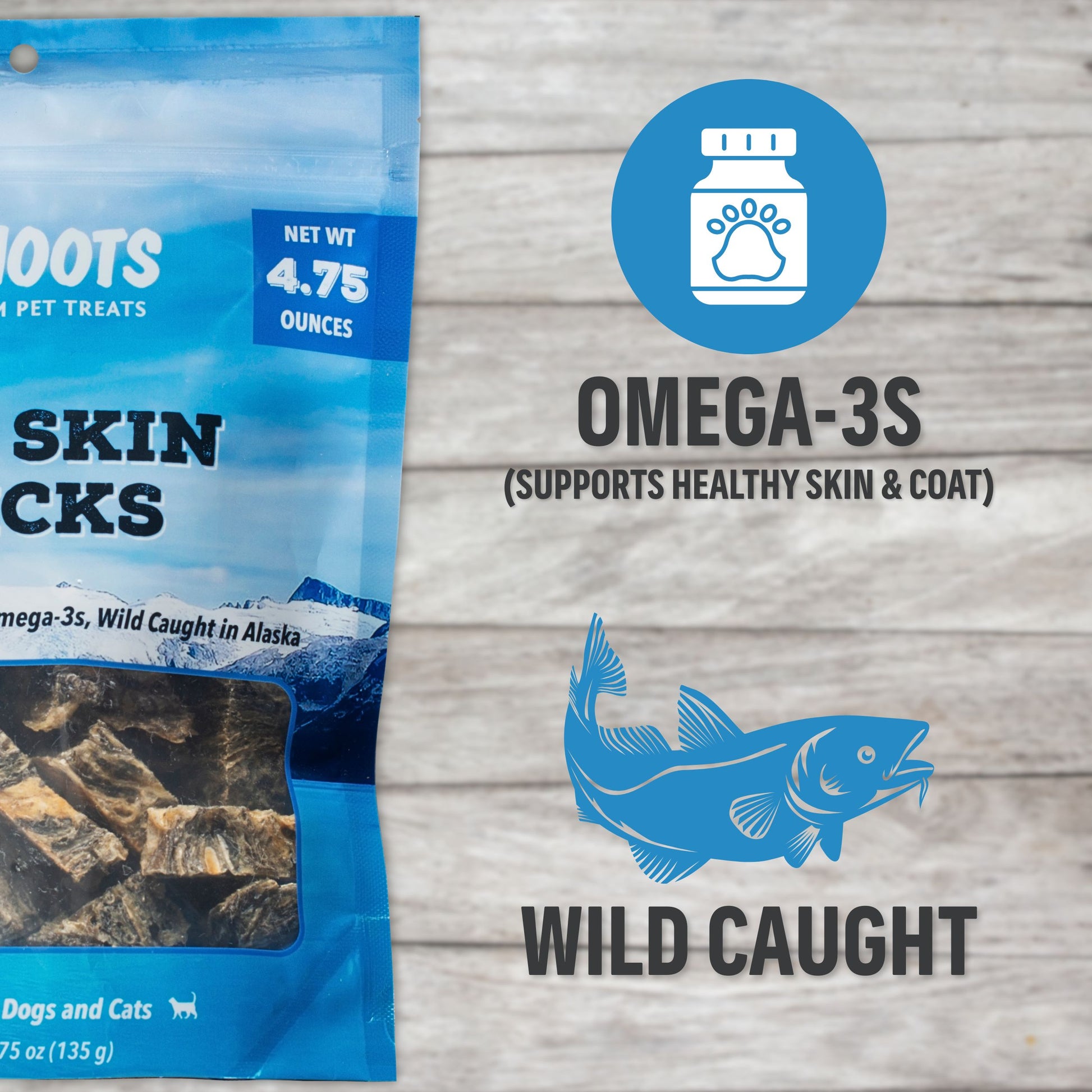 Blue pet treat package with text and icons on a wooden surface