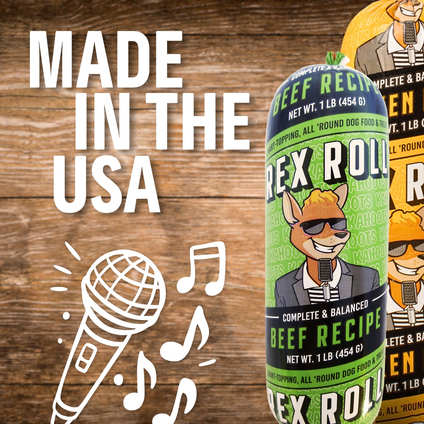 Dog food packaging with 'Made in the USA' text and musical notes on a wooden background