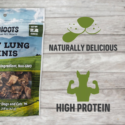 Dog treat package with 'Naturally Delicious' branding on a wooden surface