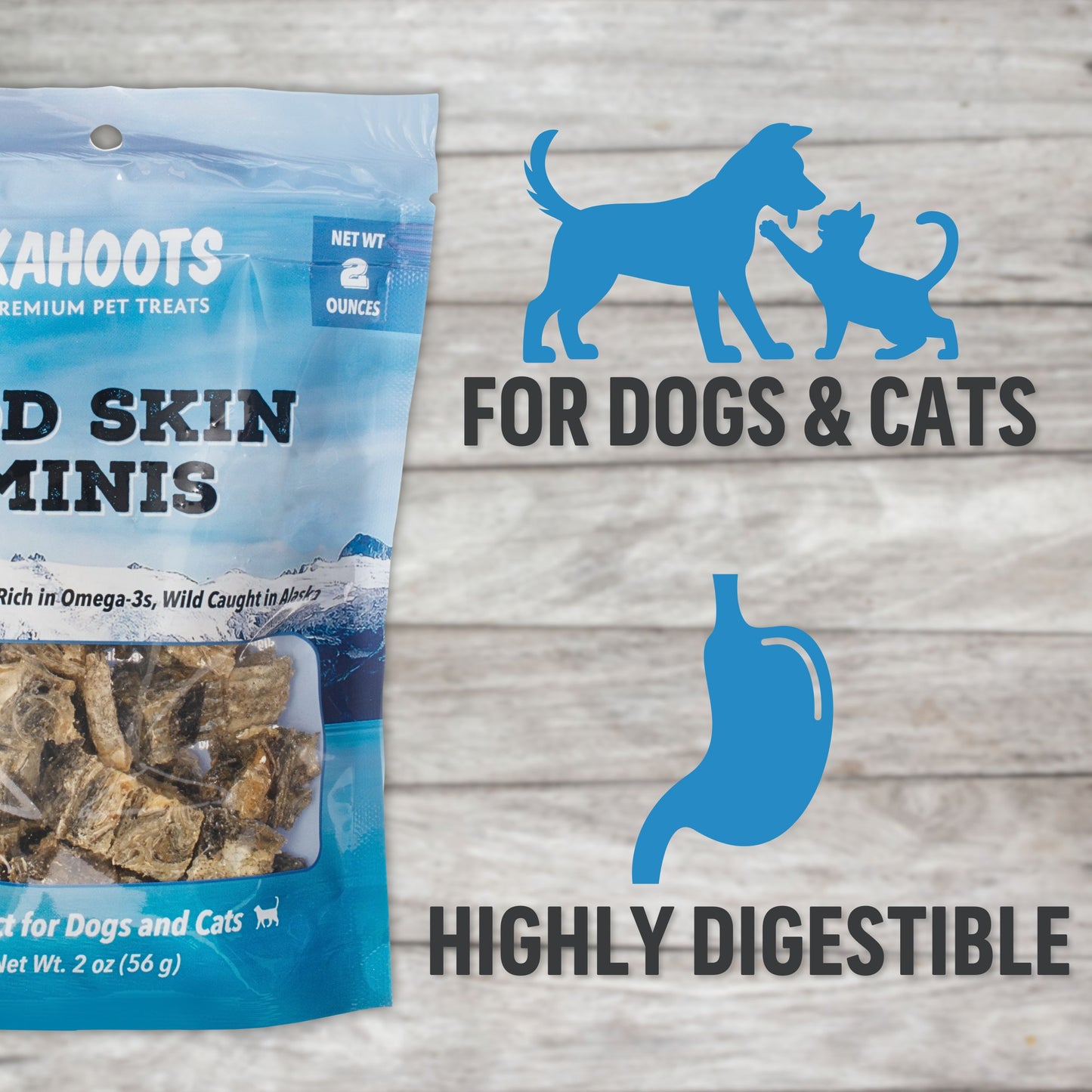 Pet treat package for dogs and cats with blue and white design on a wooden background