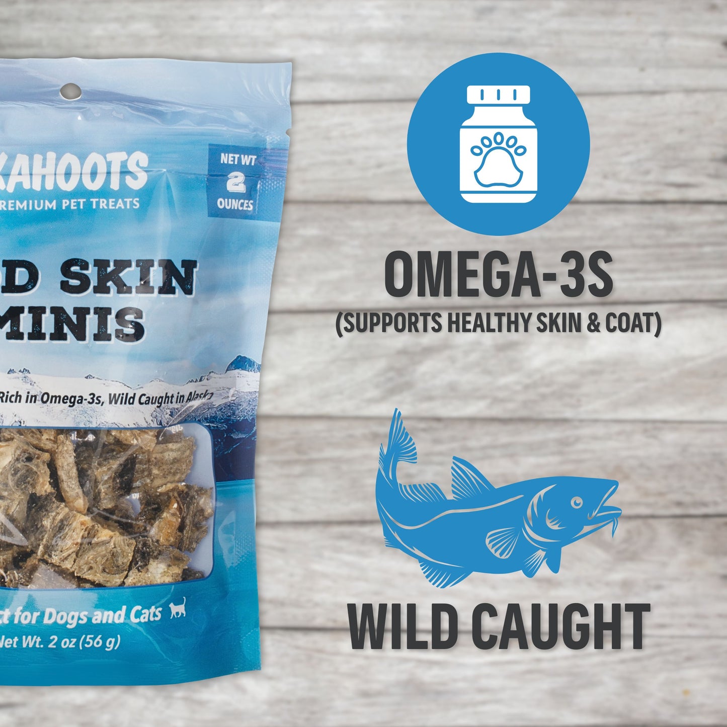 Pet treat package with omega-3s benefits on a wooden surface