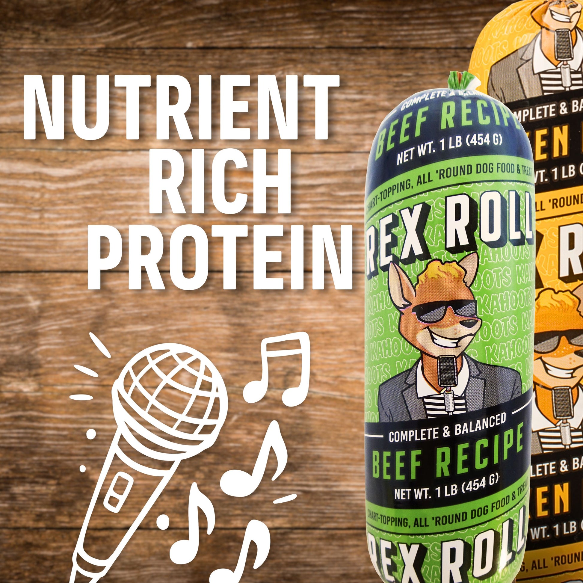 Rex Roll dog food with promotional text on a wooden background
