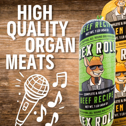 Dog food packaging with 'High Quality Organ Meats' text on a wooden background