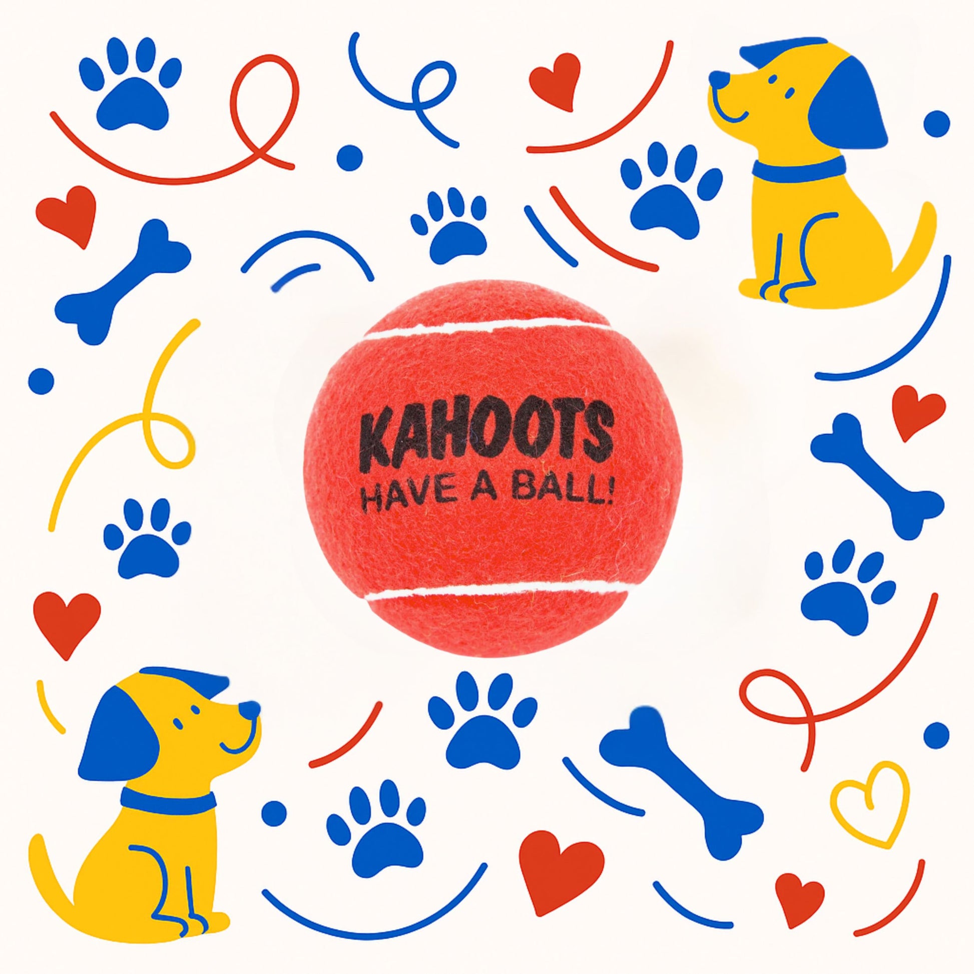 Red tennis ball with 'Kahoots Have a Ball!' text, surrounded by colorful dog illustrations and shapes on a white background.