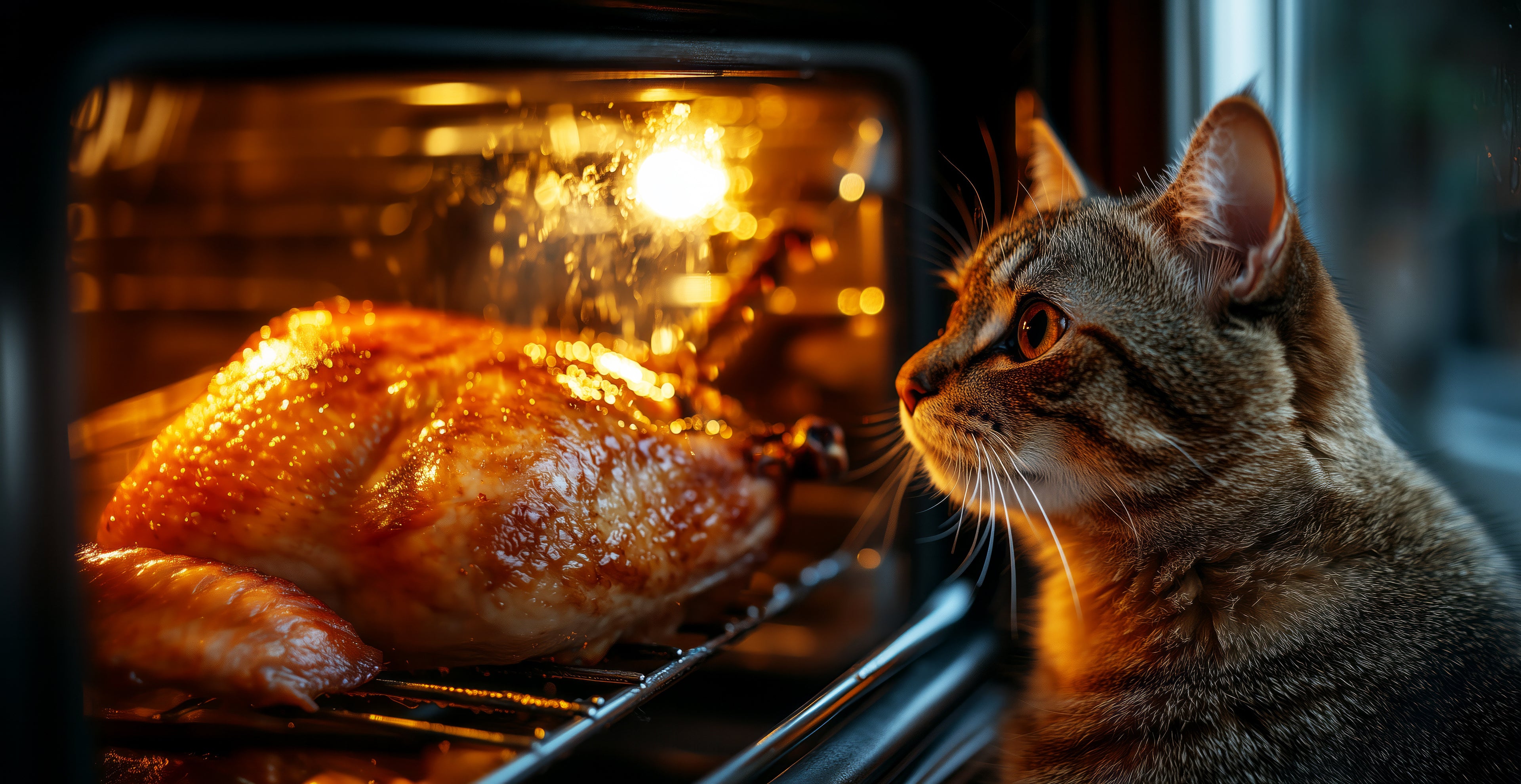 cat staring at a turkey roasting in the oven