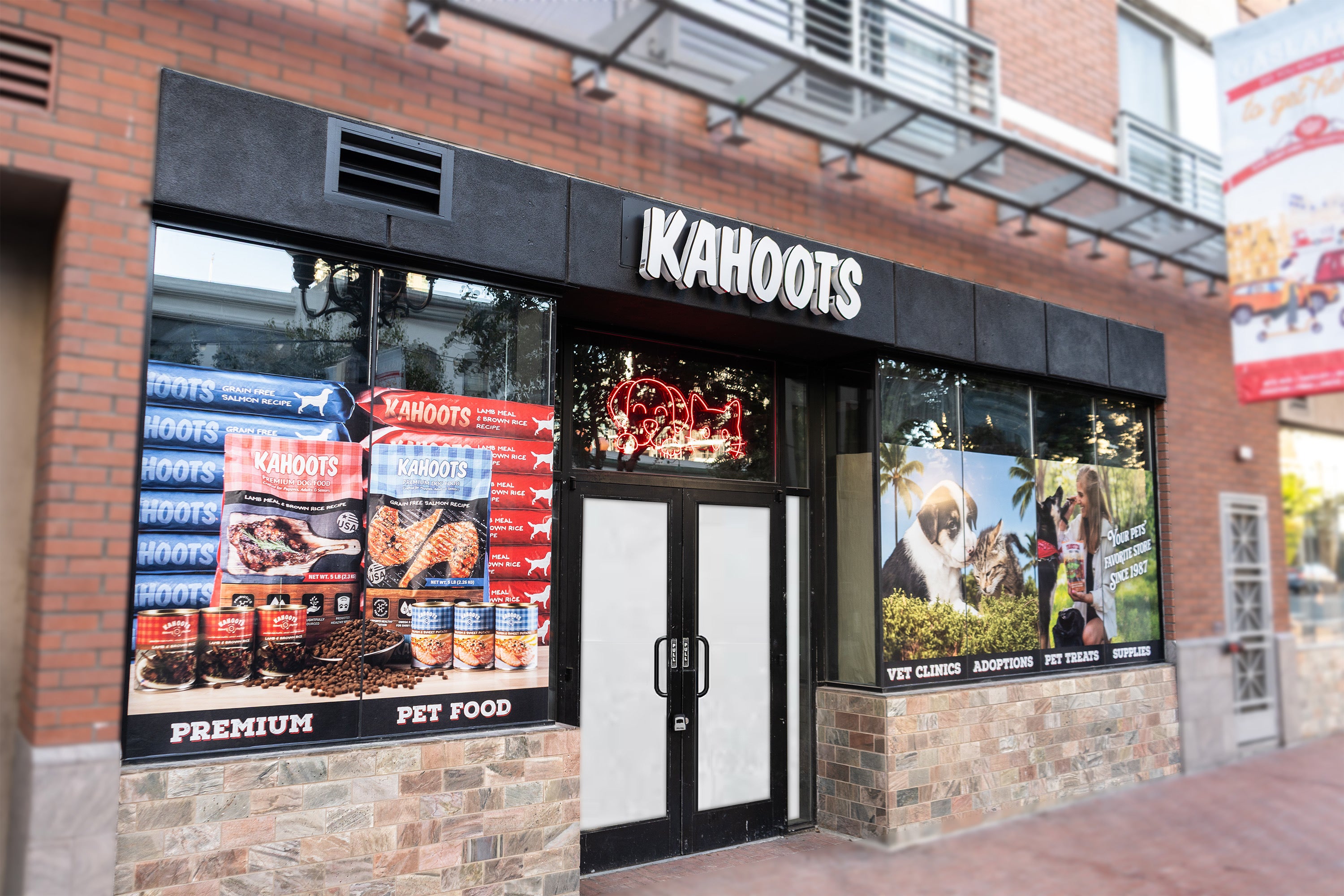 KAHOOTS pet food store front with branding and product display.