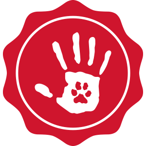 Red badge with a paw print on top of a handprint