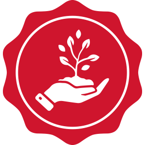 Red badge with a hand holding a growing plant
