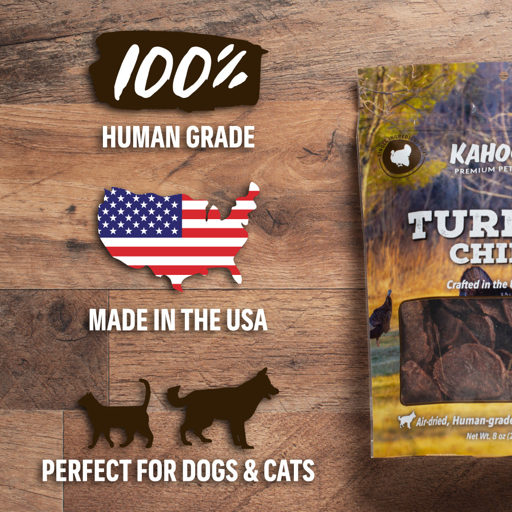 image of the package against a wood background. 100% human grade, made in the USA, perfect for dogs and cats