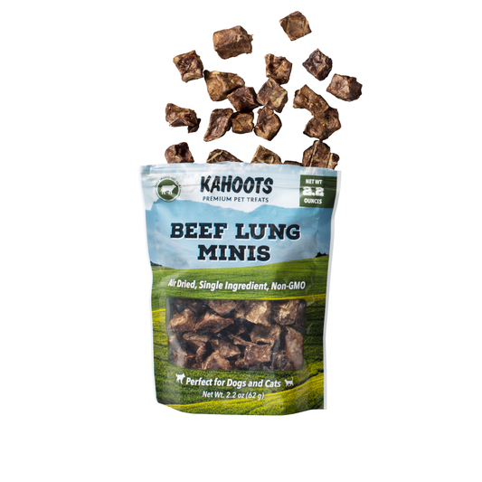 Beef lung minis dog and cat treats spilling out of the top of the bag
