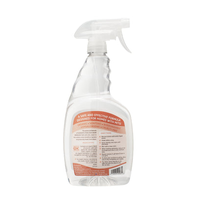 Kahoots stain and odor remover spray bottle. Marigold scent. Red label, back view