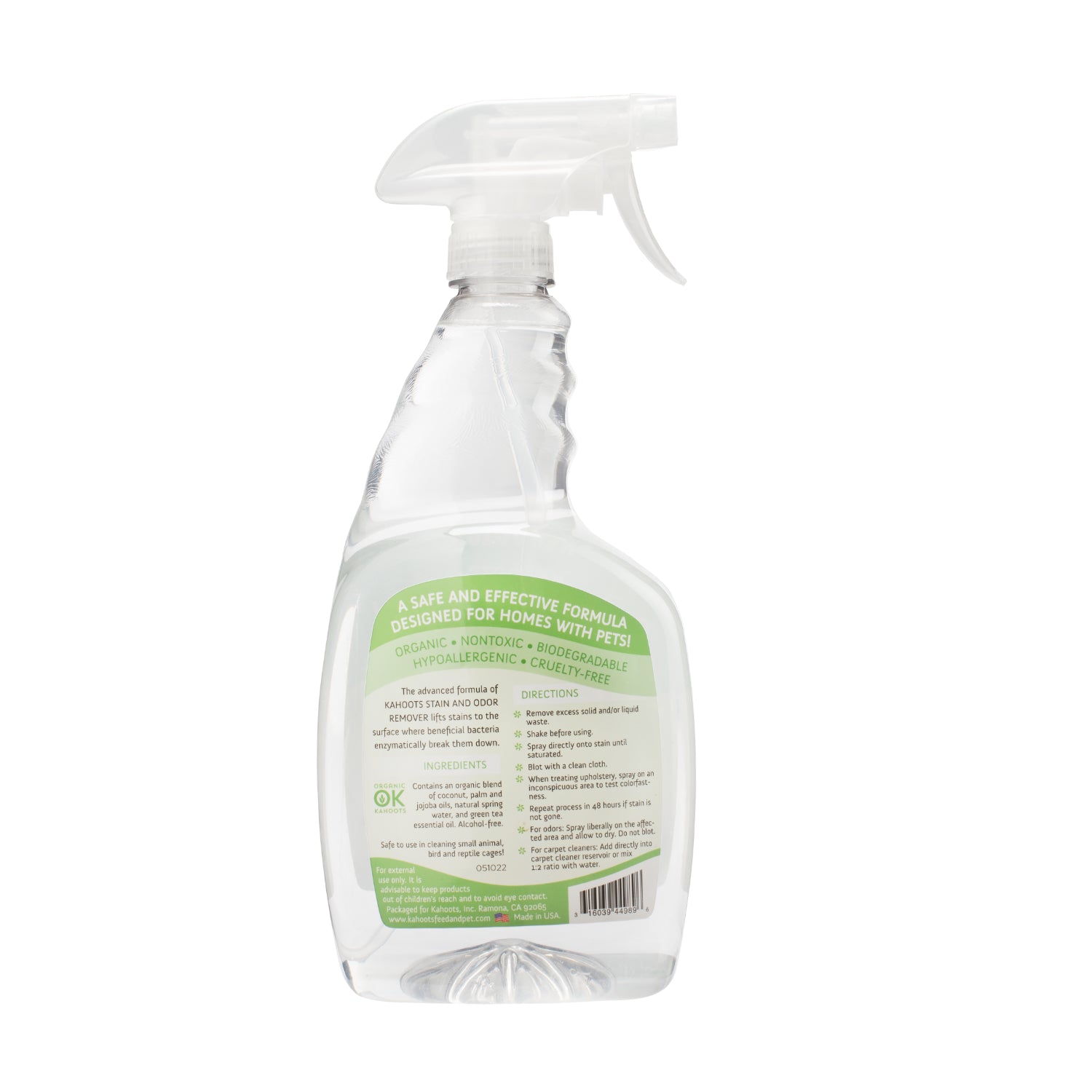 Kahoots stain and odor remover spray bottle. Green Tea scent. Green label. Back view
