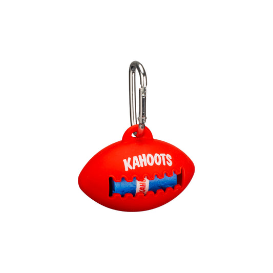 Red doo bag holder, football shaped, with blue doo bags inside