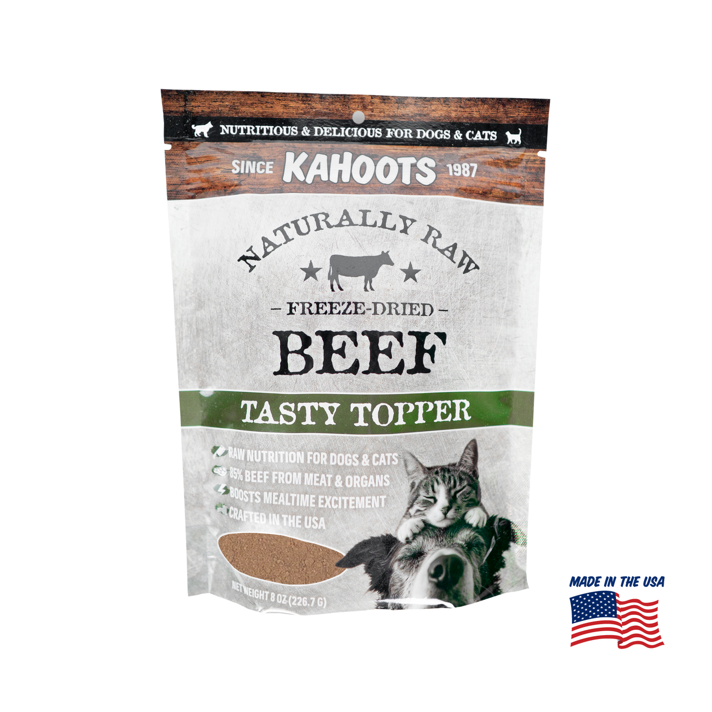 Kahoots Naturally Raw Freeze-Dried Beef Tasty Topper package for dogs and cats on a white background